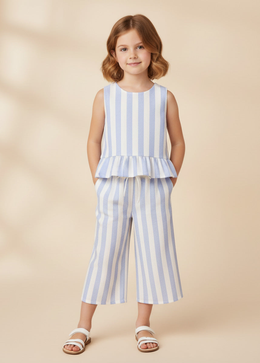 Organic Ruffle Top & Pant Set - Blue Stripes