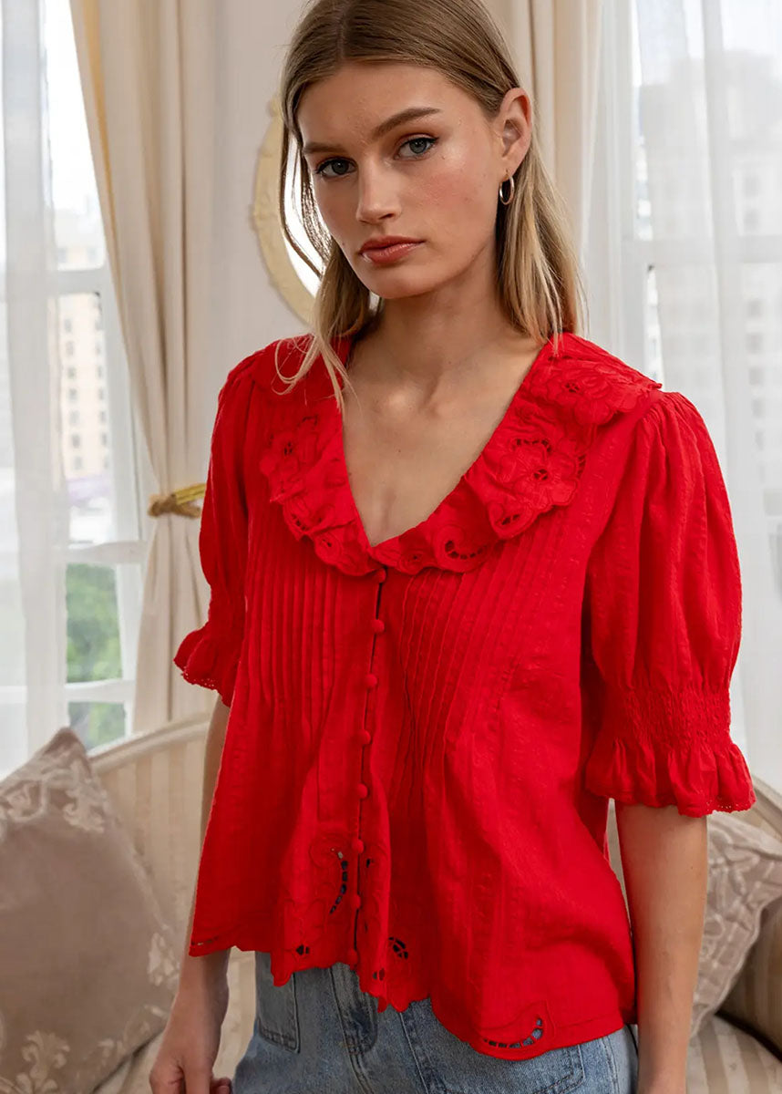 Mazie Embroidered Collar Blouse - Red