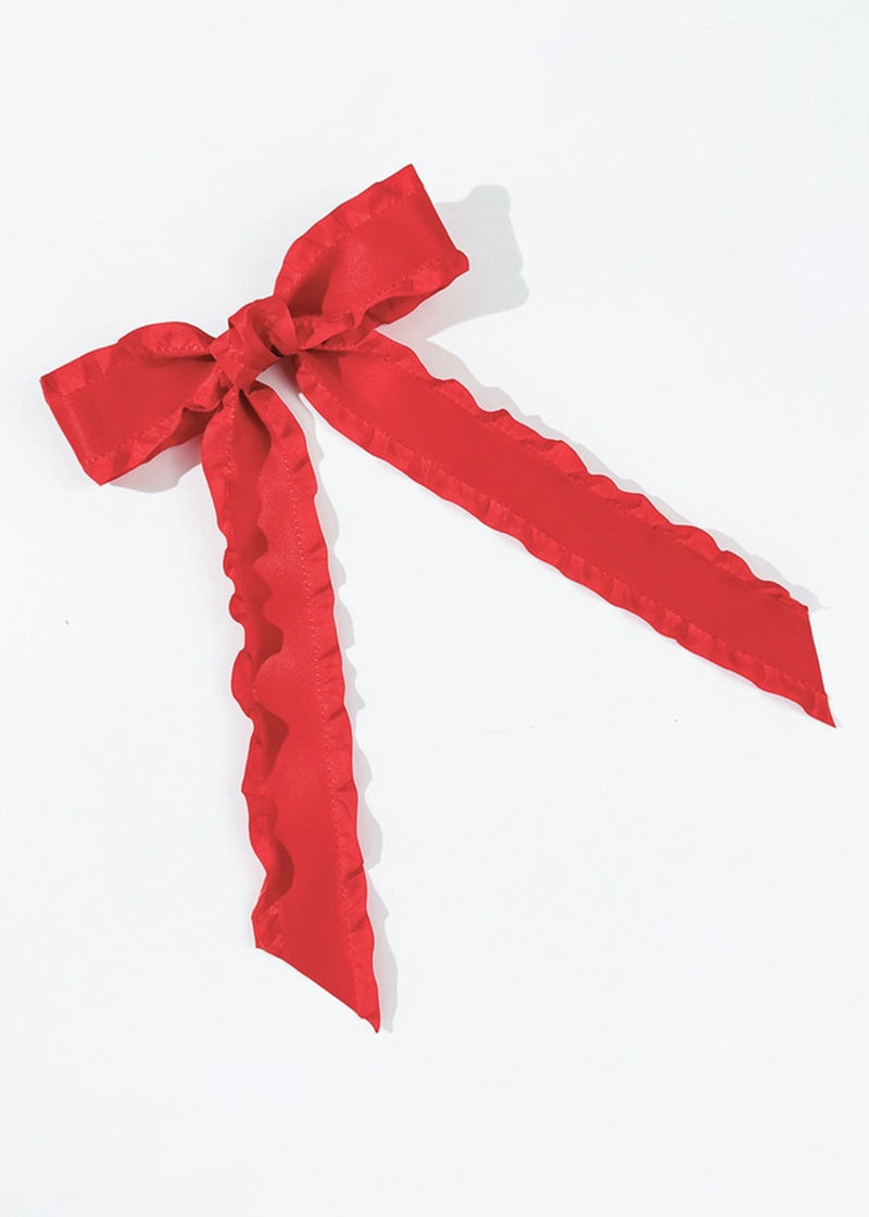 Ruffle Ribbon Bow Hair Clip - Red