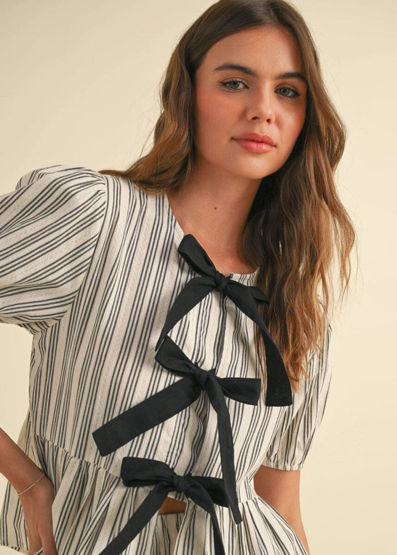 Cecilia Striped Ruffle Bow Top - Black