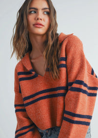 Simone Striped Crop Collar Sweater - Rust & Navy