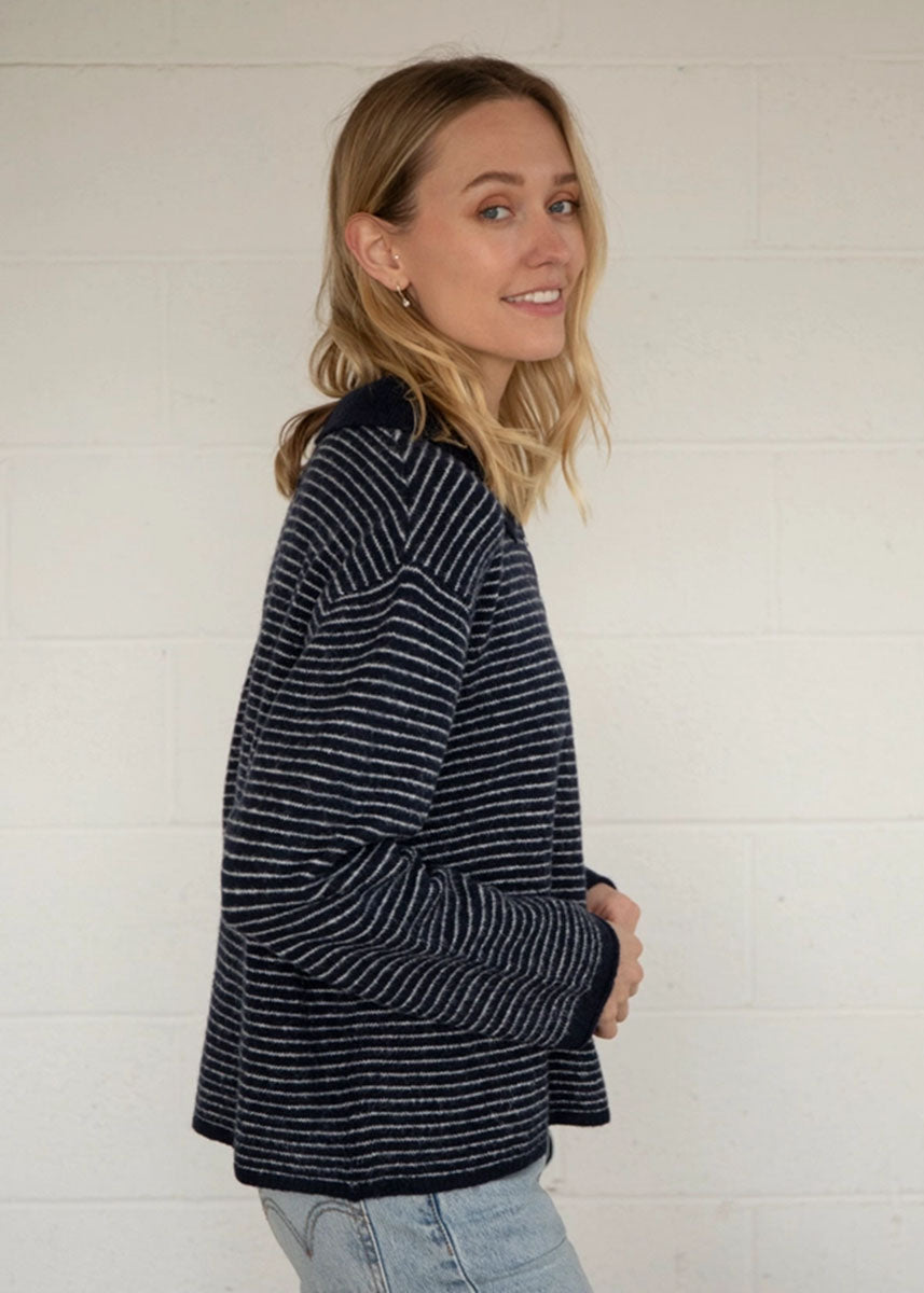Jace Stripe Knit Polo Pullover - Navy