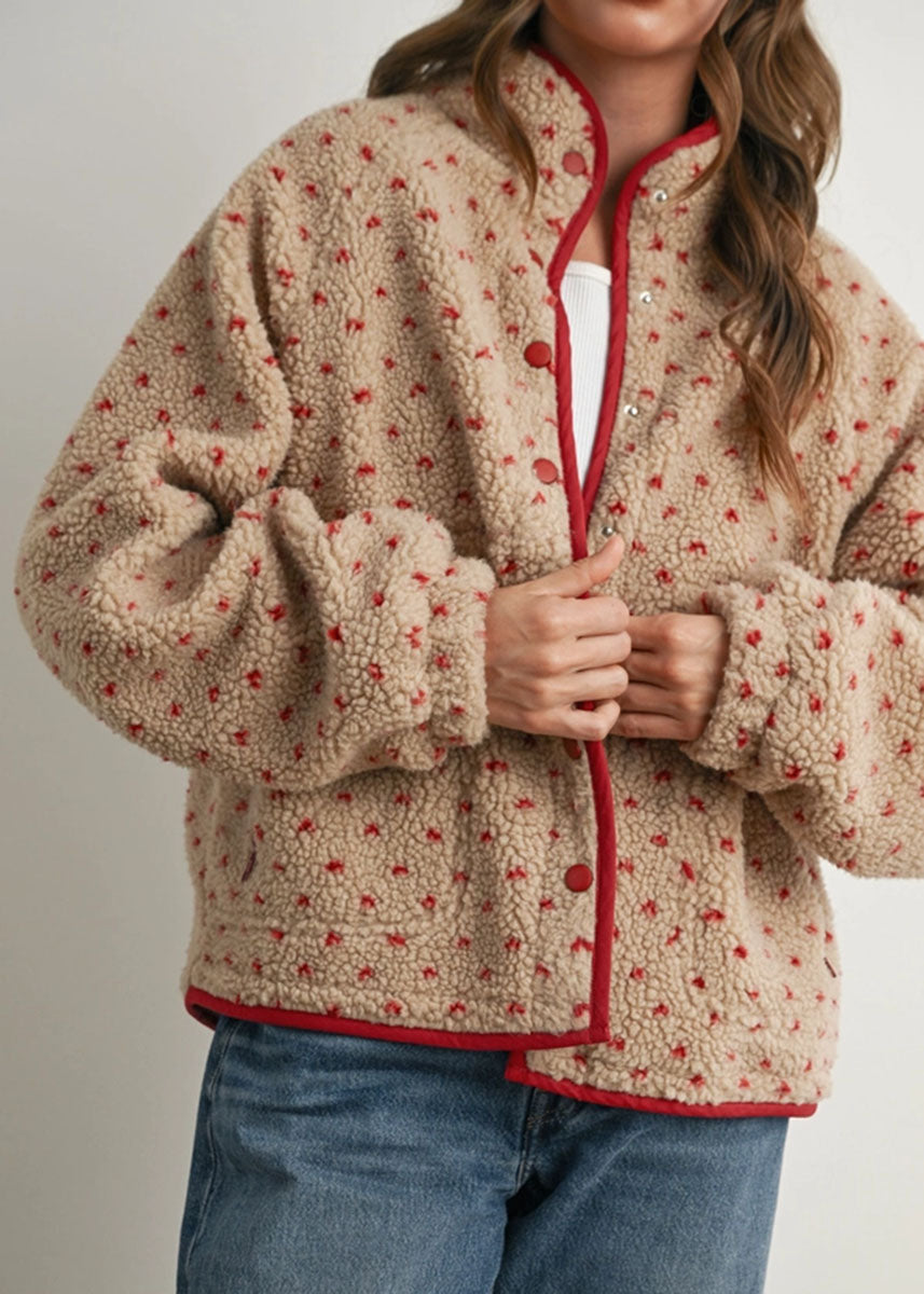 Pippa Fleece Puffer Jacket - Taupe & Red