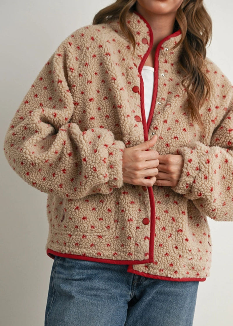 Pippa Fleece Puffer Jacket - Taupe & Red