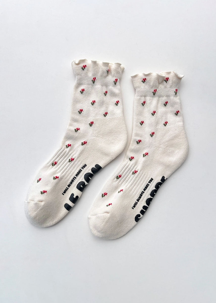 Ruffled Hugger Crew Socks - Cream Petal