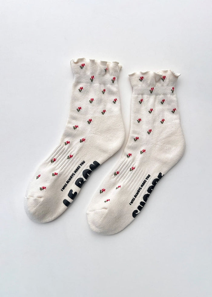 Ruffled Hugger Crew Socks - Cream Petal