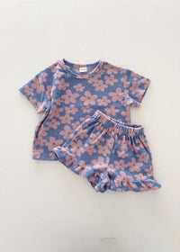Floral Terry Cloth Short Sleeve & Ruffle Shorts Set