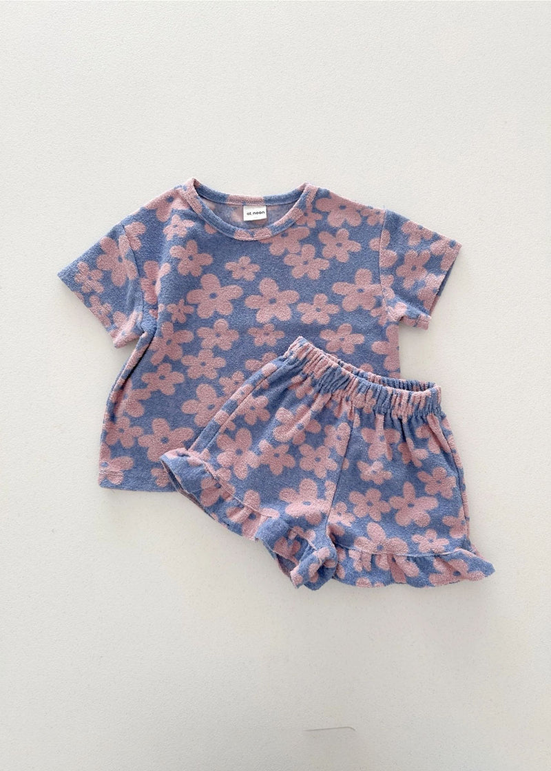Floral Terry Cloth Short Sleeve & Ruffle Shorts Set