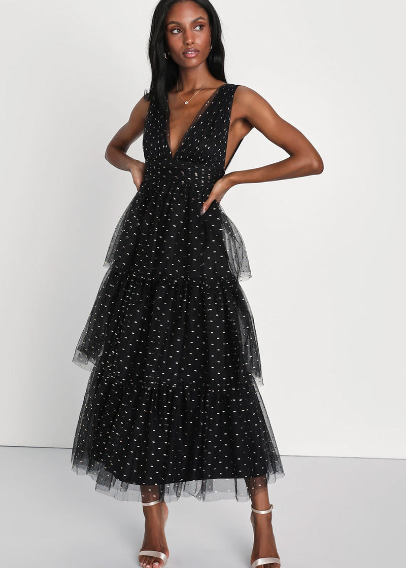 Decadent Impression Tulle Tiered Dot Midi Dress - Black