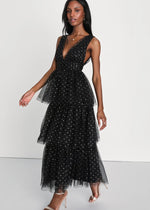 Decadent Impression Tulle Tiered Dot Midi Dress - Black