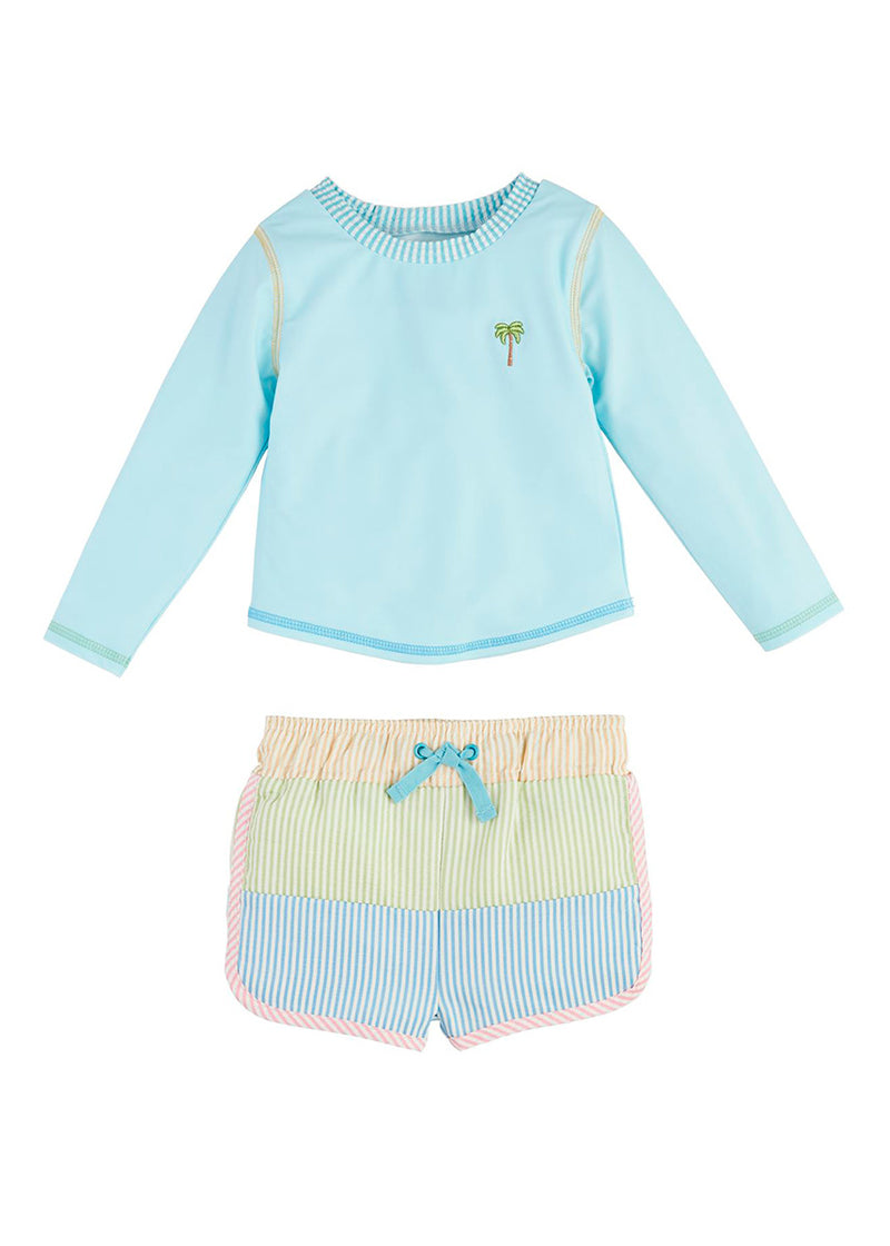 Seersucker Rash Guard & Swim Trunks Set