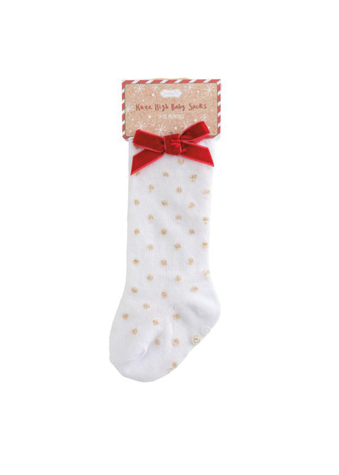 Tall Christmas Bow Socks - Gold Dots