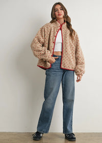 Pippa Fleece Puffer Jacket - Taupe & Red