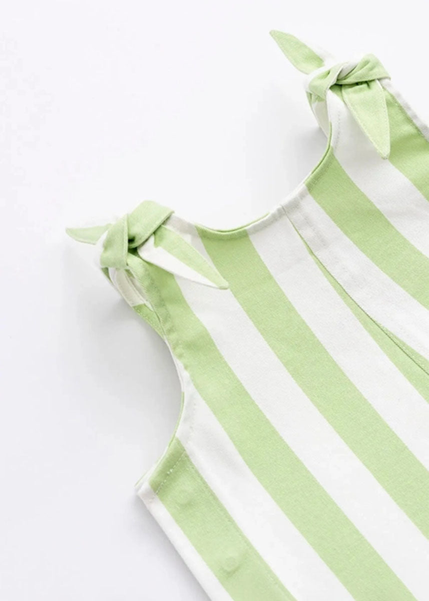 Ruffle Tie Romper - Green Cabana Stripe