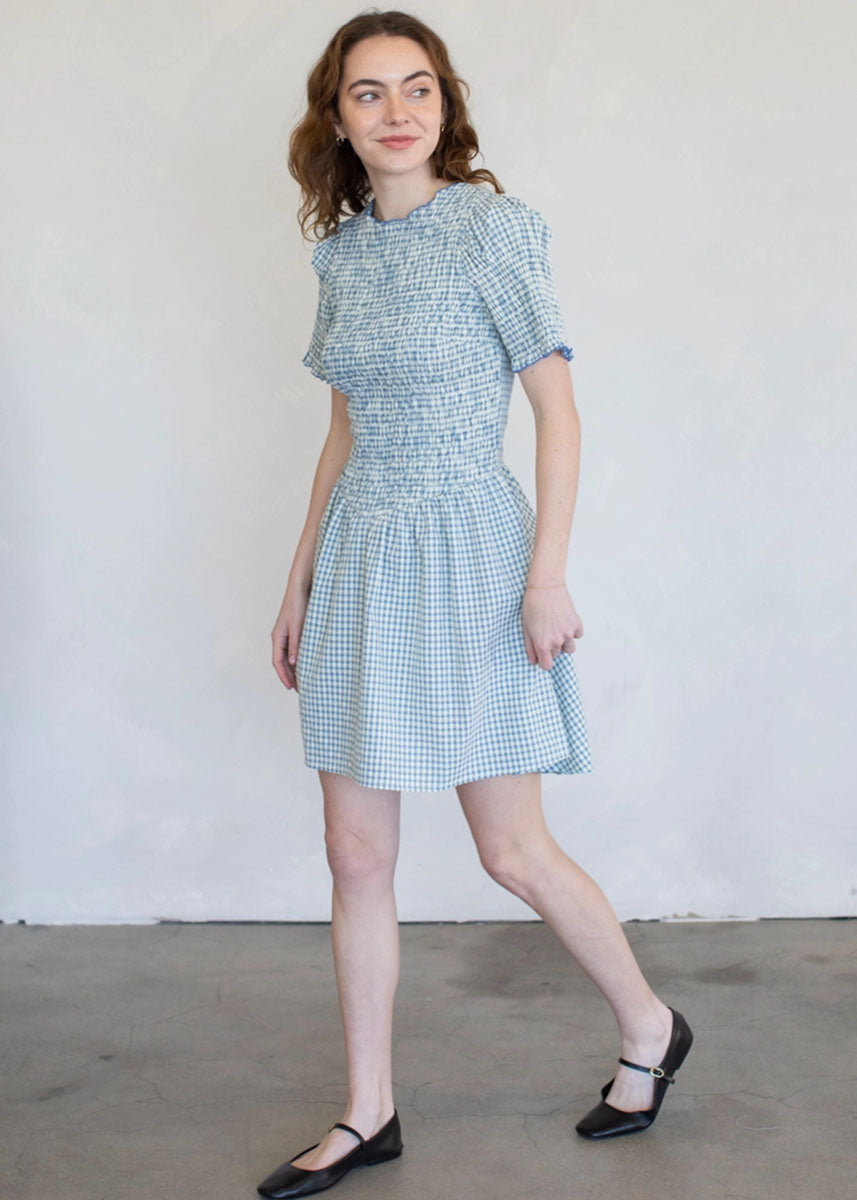 Bristol Smocked Gingham Mini Dress - Natural & Blue