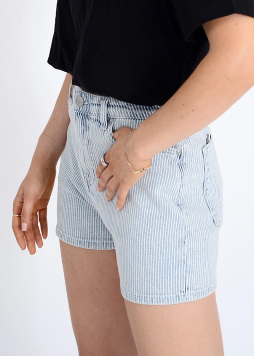 Gena Pinstripe Denim Shorts - Blue