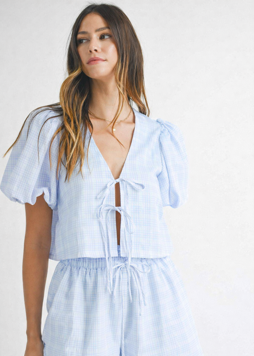 Natalie Bow Blouse & Shorts Set - Blue