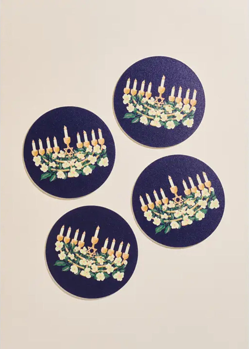 Hanukkah Floral Menorah Coasters - Set of 4