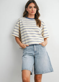 Emiko Striped Crop Tee - Ivory & Blue