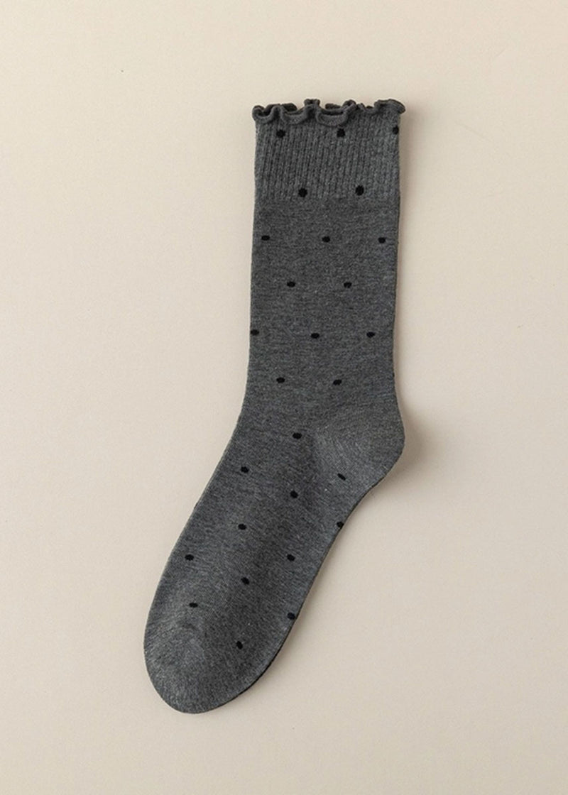 Polka Dot Ruffle Lace Mid Socks - Dark Grey