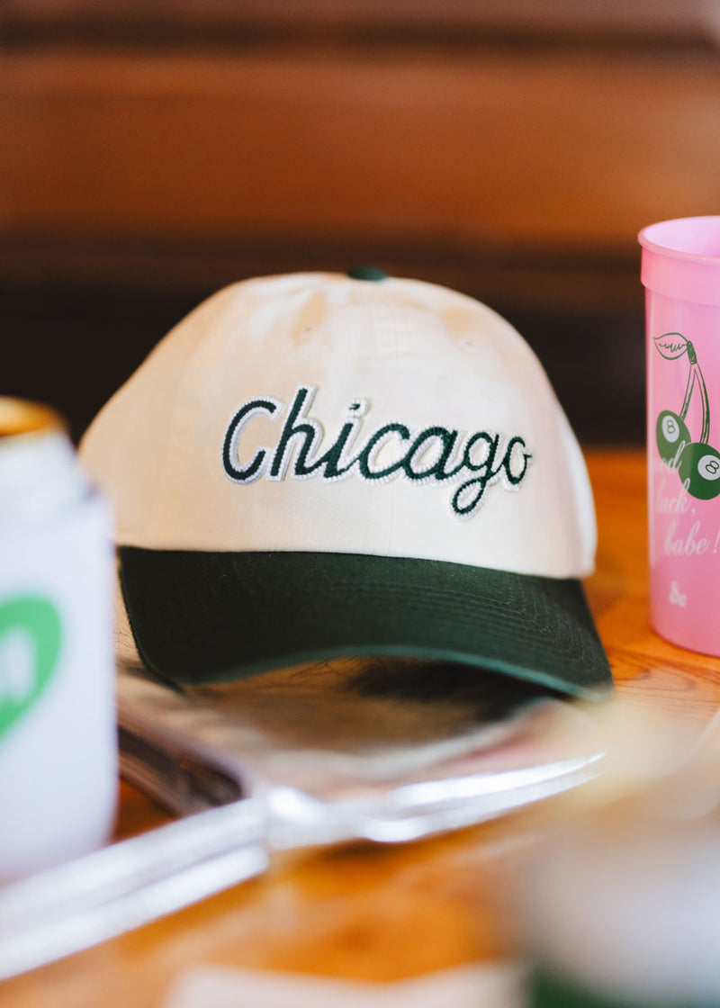 Chicago Script Baseball Cap - Ivory & Dark Green