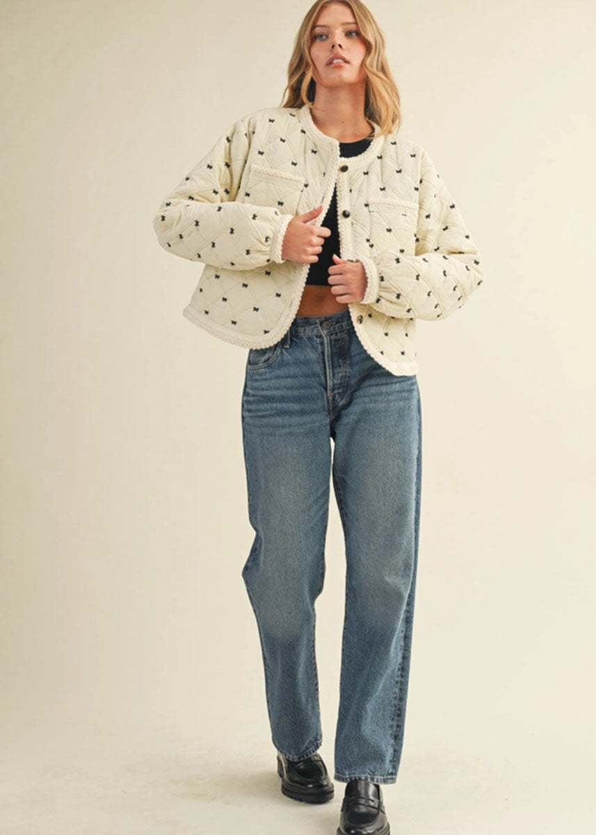 Bow Embroidered Quilted Puff Jacket - Cream