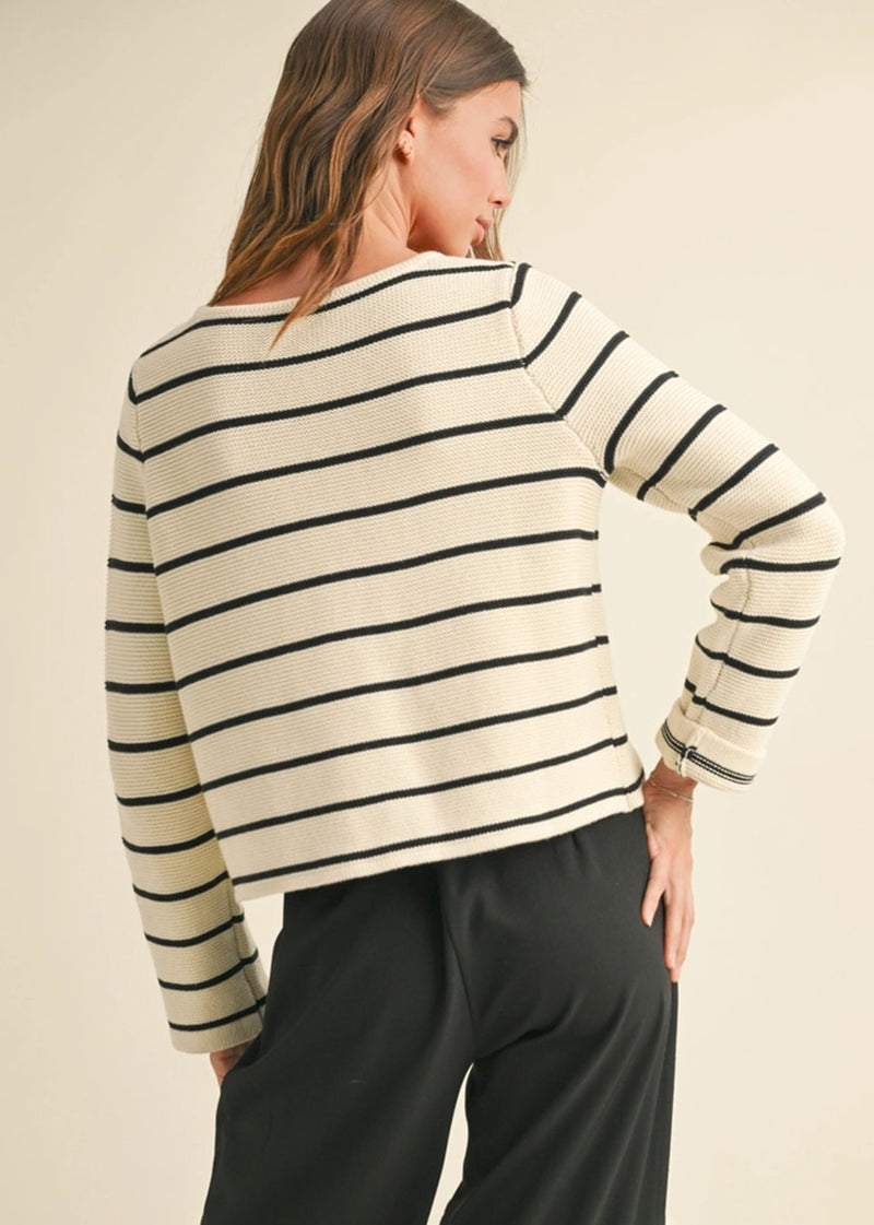 Nancy Striped Tie-Front Cardigan - White & Black