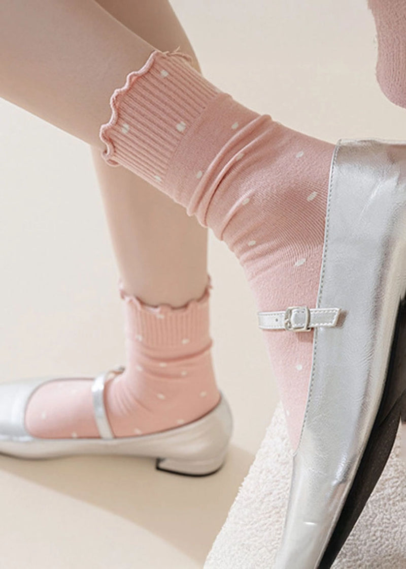 Polka Dot Ruffle Lace Mid Socks - Pink