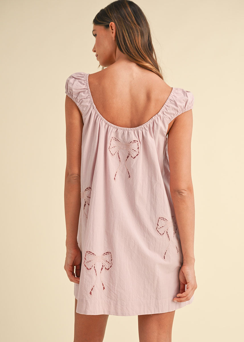 Naya Bow Embroidered Mini Dress - Dusty Mauve