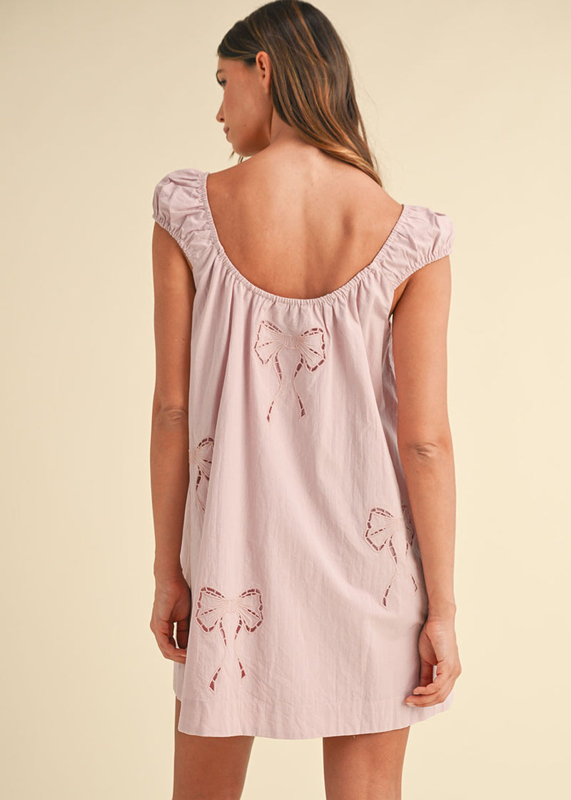Naya Bow Embroidered Mini Dress - Dusty Mauve