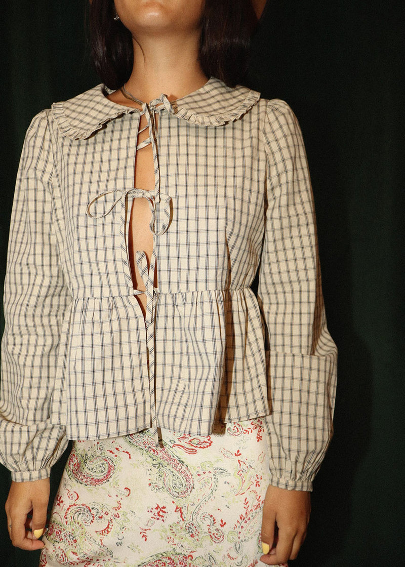 Penny Plaid Tie-Front Top - Beige