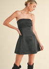 Greta Fold-Over Satin Tube Mini Dress - Black