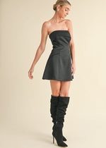 Greta Fold-Over Satin Tube Mini Dress - Black