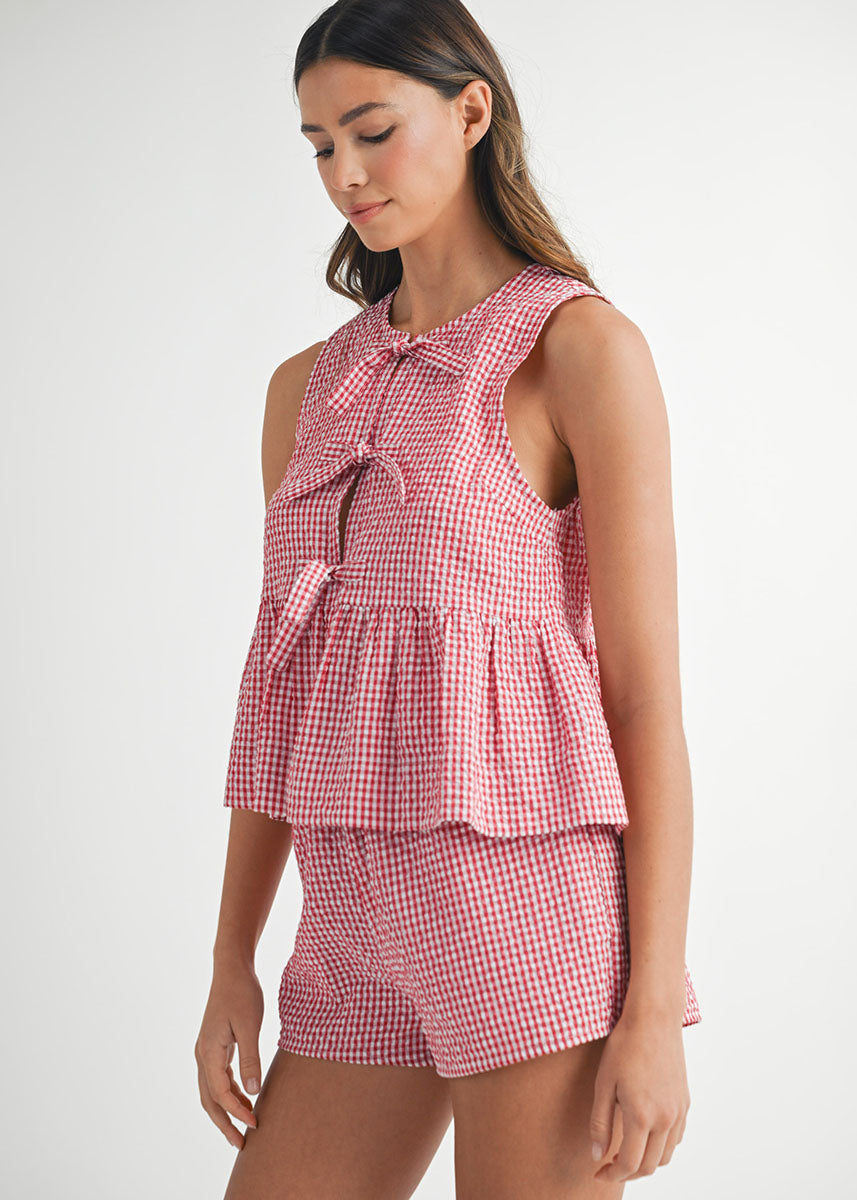 Soren Gingham Peplum Tie Top & Short Set - Red
