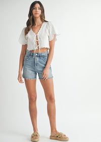 Naomie Embroidered Tie Crop Top - Off-White