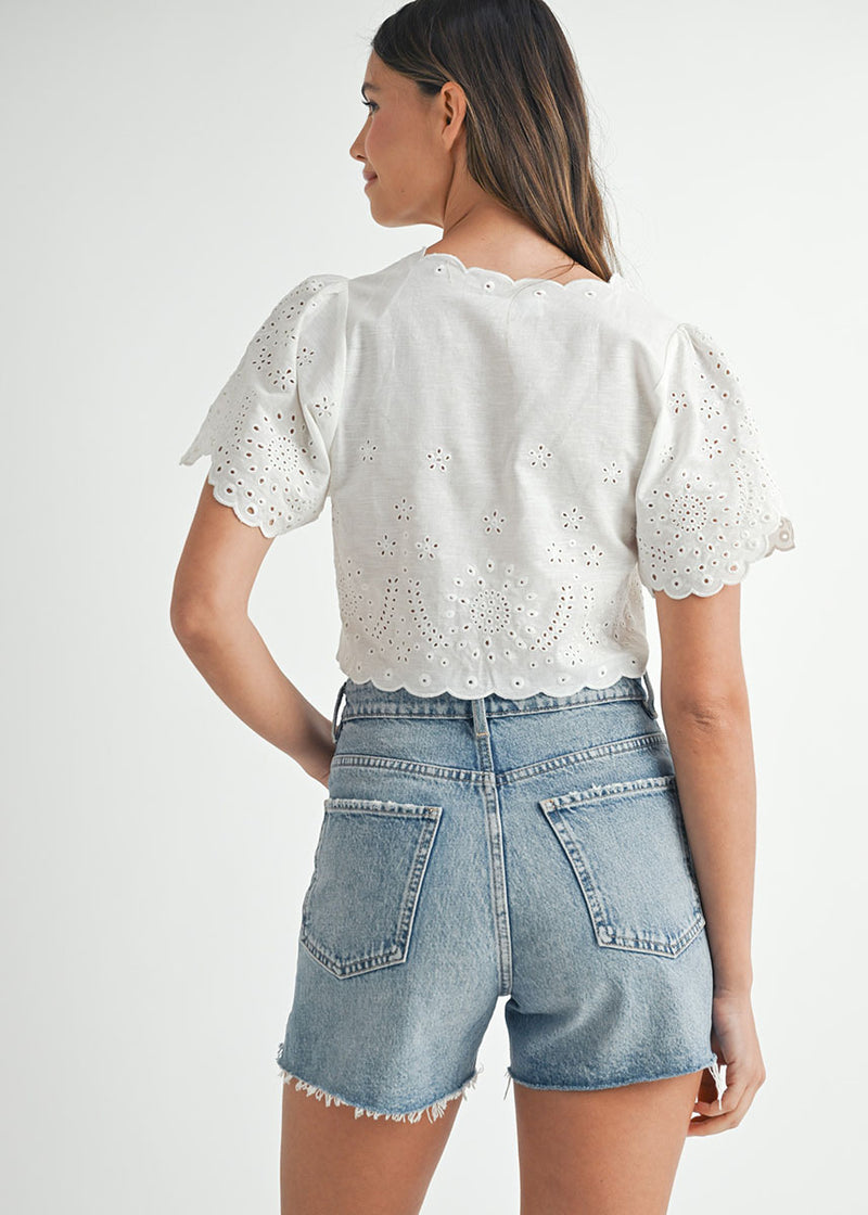 Naomie Embroidered Tie Crop Top - Off-White
