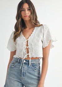 Naomie Embroidered Tie Crop Top - Off-White