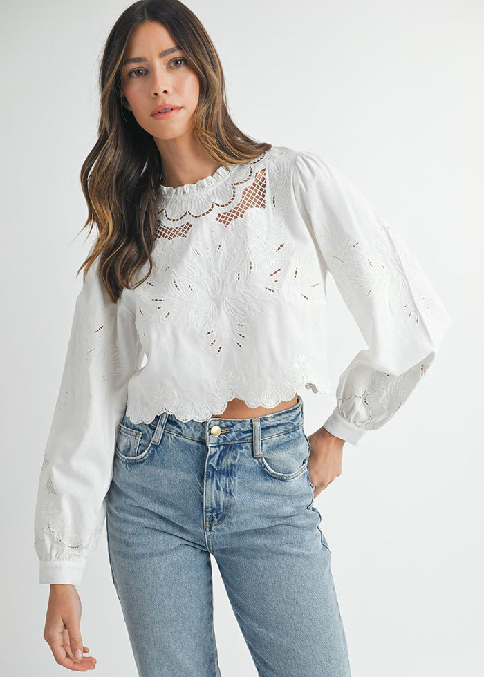 Penn Embroidered Scallop Edge Top - White