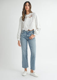 Penn Embroidered Scallop Edge Top - White
