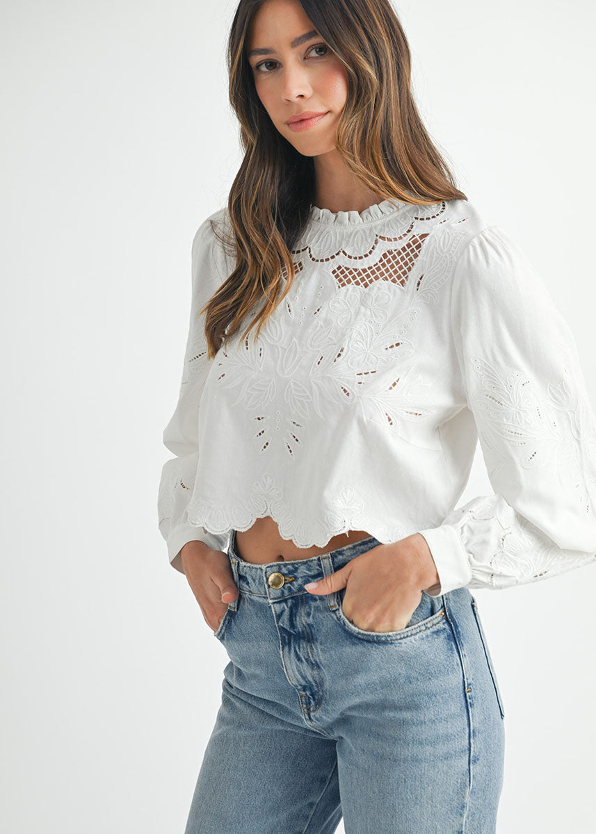 Penn Embroidered Scallop Edge Top - White