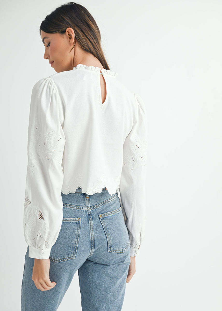 Penn Embroidered Scallop Edge Top - White