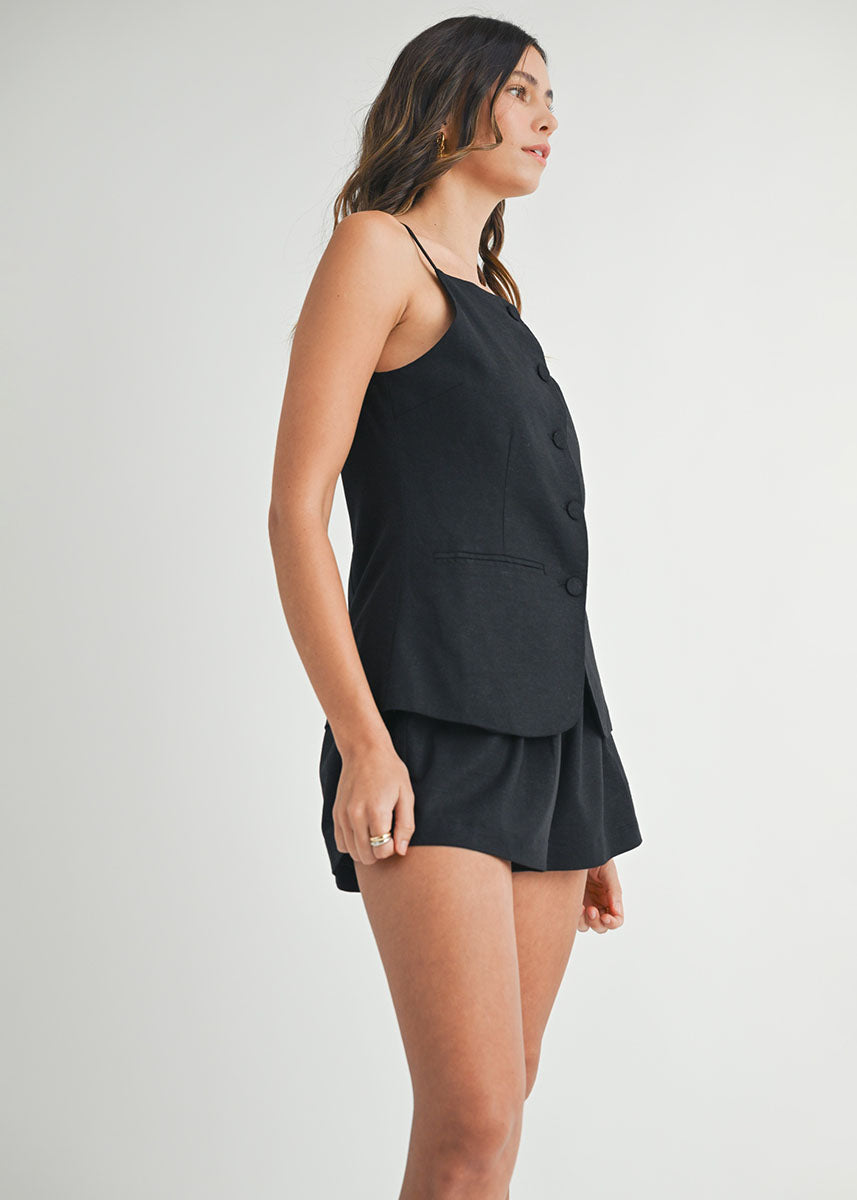 Raeny Linen Longline Top & Shorts Set - Black