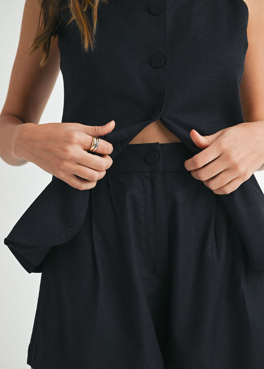 Raeny Linen Longline Top & Shorts Set - Black