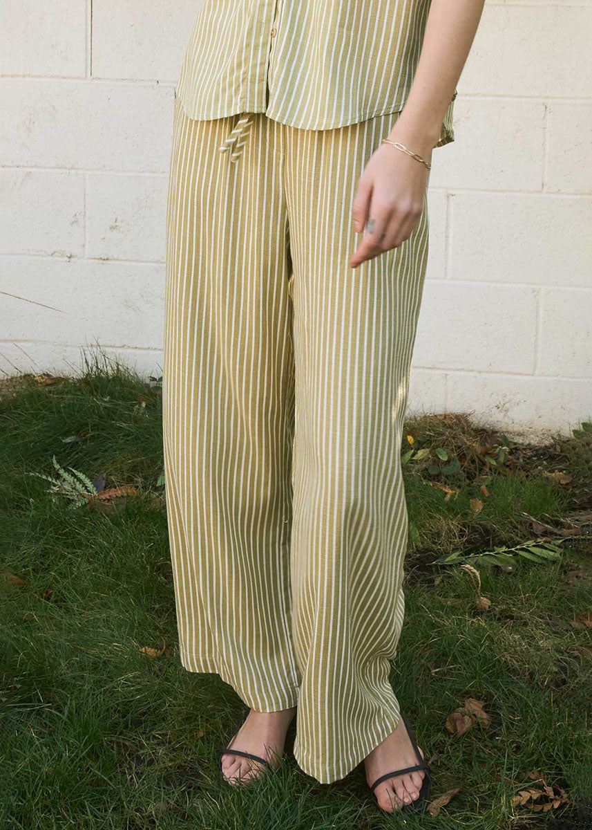 Liam Stripe Linen Drawstring Pant - Olive