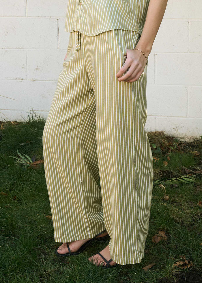 Liam Stripe Linen Drawstring Pant - Olive