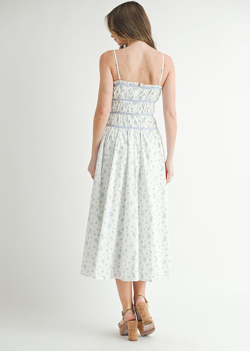 Camila Floral Ruched Babydoll Midi Dress - Blue