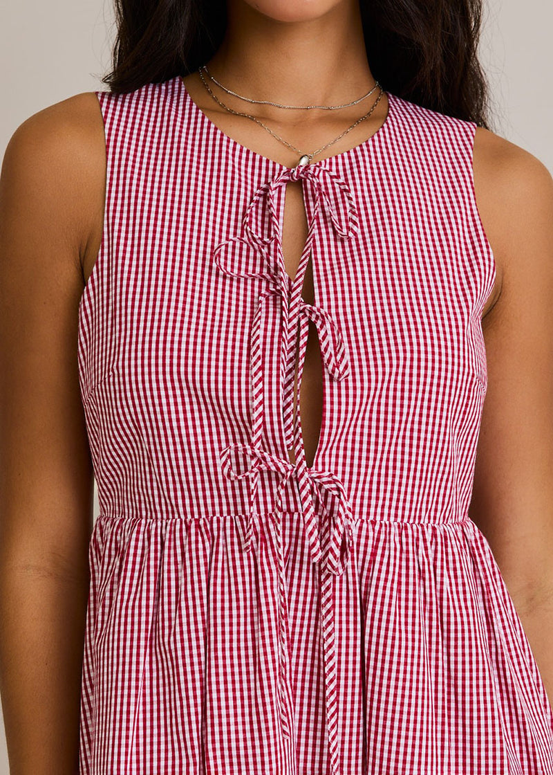 Mena Front-Tie Gingham Bubble Dress - Red & White