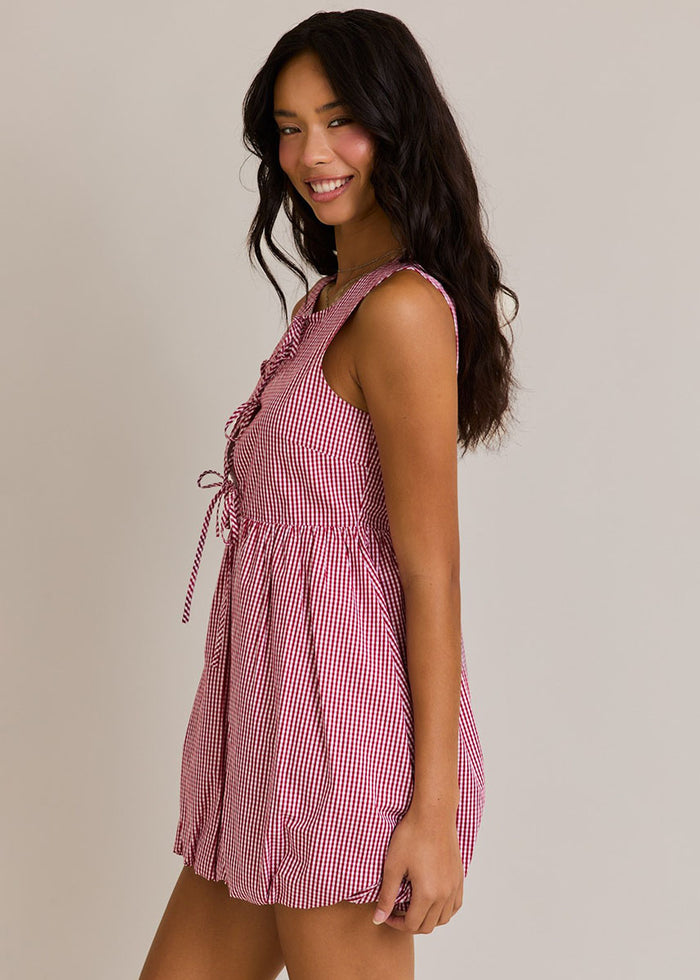 Mena Front-Tie Gingham Bubble Dress - Red & White