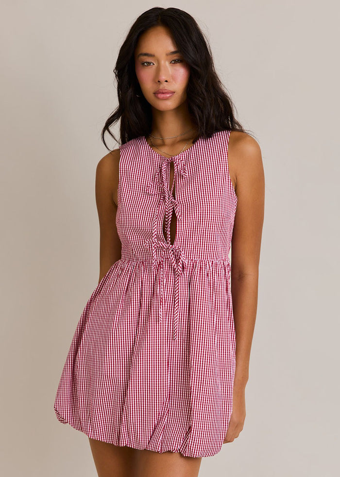 Mena Front-Tie Gingham Bubble Dress - Red & White