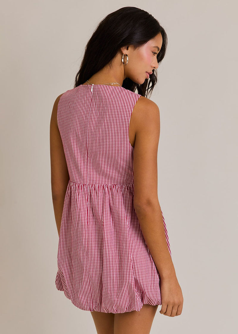 Mena Front-Tie Gingham Bubble Dress - Red & White